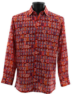 Bassiri Long Sleeve Camp Shirt - Red Festive Block Design  Bassiri Long Sleeve Camp Shirt - Red Festive Block Design