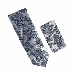 Antonia 100% Silk Tie w/Pocket Square - Silvery & Navy Blue Paisley Antonia 100% Silk Tie w/Pocket Square - Silvery & Navy Blue Paisley