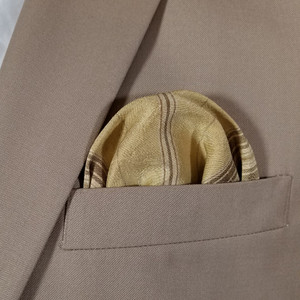 100% Silk Gold & Brown Stripe Fan Design Pre-Folded Pocket Square Insert 100% Silk Gold & Brown Stripe Fan Design Pre-Folded Pocket Square Insert
