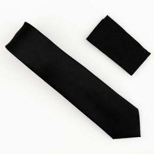 Antonia 100% Satin Silk X-Long Necktie with Pocket Square - Black Antonia 100% Satin Silk X-Long Necktie with Pocket Square - Black