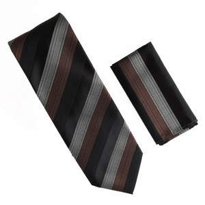 Antonia 100% Silk Tie w/Pocket Square - Black, Brown & Charcoal Stripes Antonia 100% Silk Tie w/Pocket Square - Black, Brown & Charcoal Stripes