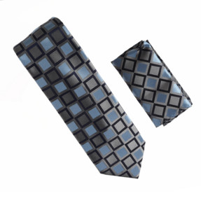 Antonia 100% Silk Tie w/Pocket Square - Dark Grey with Blue Box Design Antonia 100% Silk Tie w/Pocket Square - Dark Grey with Blue Box Design