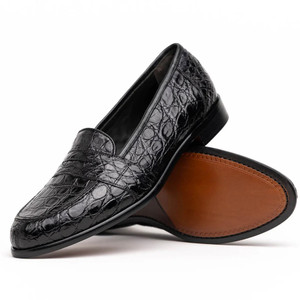 Zelli 100% Caiman Crocodile Italian Penny Loafer - Black  Zelli 100% Caiman Crocodile Italian Penny Loafer - Black