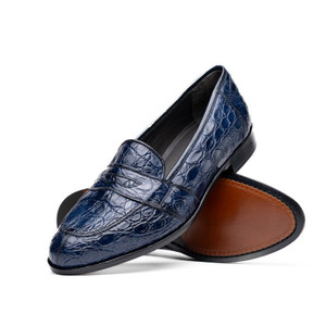 Zelli 100% Caiman Crocodile Italian Penny Loafer - Navy Blue Zelli 100% Caiman Crocodile Italian Penny Loafer - Navy Blue