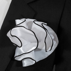 White Satin 2-in-1 Pouf Round Pocket Square with Black Trim White Satin 2-in-1 Pouf Round Pocket Square with Black Trim