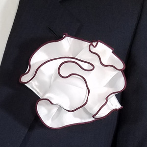 White Satin 2-in-1 Pouf Round Pocket Square with Plum Purple Trim White Satin 2-in-1 Pouf Round Pocket Square with Plum Purple Trim