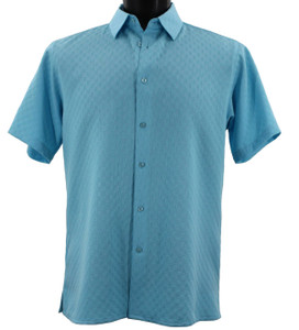 Bassiri Square Block Weave Short Sleeve Camp Shirt - Turquoise Blue Bassiri Square Block Weave Short Sleeve Camp Shirt - Turquoise Blue