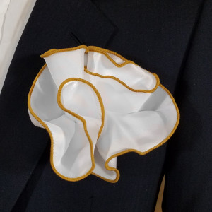 White Satin 2-in-1 Pouf Round Pocket Square with Gold Trim White Satin 2-in-1 Pouf Round Pocket Square with Gold Trim