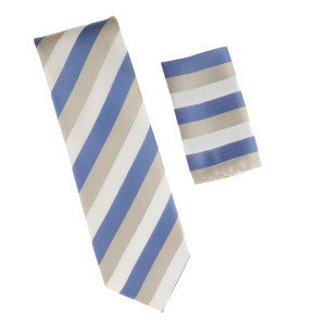 Antonia 100% Silk Tie w/Pocket Square - Blue, White & Silver Stripes Antonia 100% Silk Tie w/Pocket Square - Blue, White & Silver Stripes