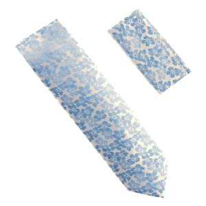 Antonia 100% Silk Tie w/Pocket Square - Light Blue & Silver Flower Design