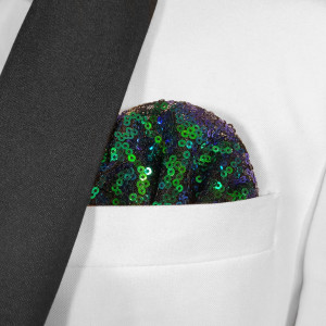 Men's Iridescent Green, Blue & Purple Sequin Pre-Folded Pocket Square Insert - Fan Design Men's Iridescent Green, Blue & Purple Sequin Pre-Folded Pocket Square Insert - Fan Design