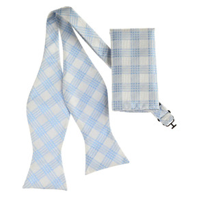 Light Blue & White Plaid Self Tie Silk Bow Tie Set Light Blue & White Plaid Self Tie Silk Bow Tie Set