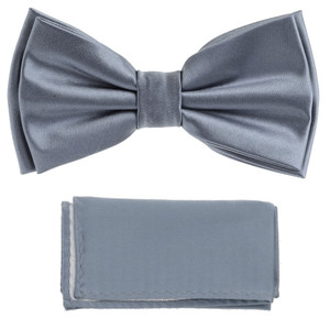 Slate Blue-Grey 100% Silk Satin Pre-Tied Silk Bow Tie Set