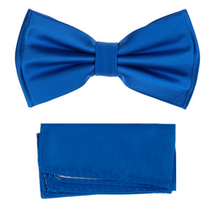 Rich Blue 100% Silk Satin Pre-Tied Silk Bow Tie Set