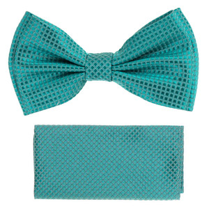 Teal Green 100% Silk Grid Weave Pre-Tied Silk Bow Tie Set