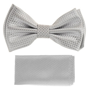 Silver Grey 100% Silk Grid Weave Pre-Tied Silk Bow Tie Set
