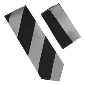 Antonia 100% Silk Tie w/Pocket Square - Black & Grey Large Stripe Antonia 100% Silk Tie w/Pocket Square - Black & Grey Large Stripe