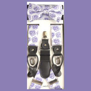 Antonia Silver & Lavender Paisley Suspenders with Matching Silk Bow Tie Set Antonia Silver & Lavender Paisley Suspenders with Matching Silk Bow Tie Set