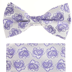 Lavender & Silver Paisley Design Pre-Tied Silk Bow Tie Set Lavender & Silver Paisley Design Pre-Tied Silk Bow Tie Set