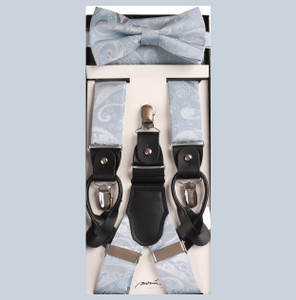 Silvery & Blue Paisley Suspenders with Matching Silk Bow Tie Set Silvery & Blue Paisley Suspenders with Matching Silk Bow Tie Set
