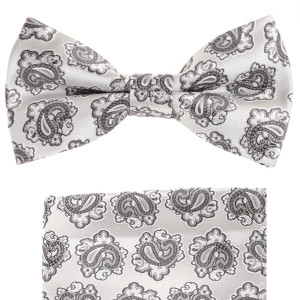 Silver & Grey Paisley Design Pre-Tied Silk Bow Tie Set Silver & Grey Paisley Design Pre-Tied Silk Bow Tie Set