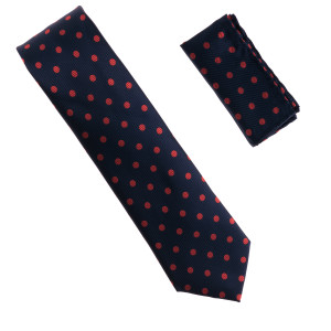 Antonia 100% Silk X-Long Tie w/Pocket Square - Red Polka Dot on Dark Blue Antonia 100% Silk X-Long Tie w/Pocket Square - Red Polka Dot on Dark Blue