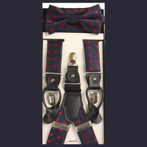 Dark Blue with Red Dots Suspenders with Matching Silk Bow Tie Set Dark Blue with Red Dots Suspenders with Matching Silk Bow Tie Set