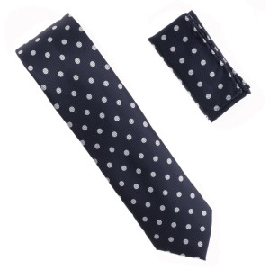 Antonia 100% Silk X-Long Tie w/Pocket Square - Grey Polka Dot on Dark Blue Antonia 100% Silk X-Long Tie w/Pocket Square - Grey Polka Dot on Dark Blue