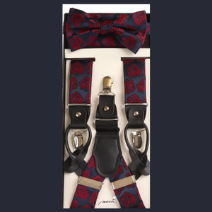 Dark Blue with Red Paisley Suspenders with Matching Silk Bow Tie Set Dark Blue with Red Paisley Suspenders with Matching Silk Bow Tie Set