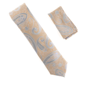 Antonia 100% Silk X-Long Tie w/Pocket Square - Light Peach & Silver Tone Paisley Antonia 100% Silk X-Long Tie w/Pocket Square - Light Peach & Silver Tone Paisley