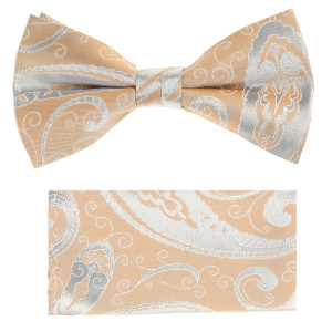 Light Peach & Silver Paisley Design Pre-Tied Silk Bow Tie Set Light Peach & Silver Paisley Design Pre-Tied Silk Bow Tie Set