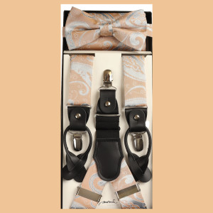 Light Peach & Silver Paisley Suspenders with Matching Silk Bow Tie Set Light Peach & Silver Paisley Suspenders with Matching Silk Bow Tie Set