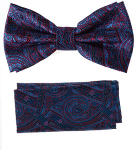 Blue & Burgundy Paisley Design Pre-Tied Silk Bow Tie Set Blue & Burgundy Paisley Design Pre-Tied Silk Bow Tie Set