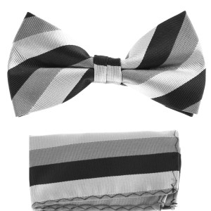Silver and Grey Stripes Pre-Tied Silk Bow Tie Set Silver and Grey Stripes Pre-Tied Silk Bow Tie Set