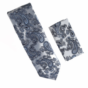 Antonia 100% Silk X-Long Tie w/Pocket Square - Silvery & Navy Blue Paisley Antonia 100% Silk X-Long Tie w/Pocket Square - Silvery & Navy Blue Paisley