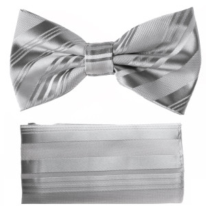 Silver Embossed Stripes Pre-Tied Silk Bow Tie Set Silver Embossed Stripes Pre-Tied Silk Bow Tie Set