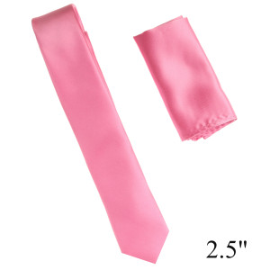Antonia Pink 100% Satin Silk Skinny Tie & Pocket Square - 2.5 Inch Antonia Pink 100% Satin Silk Skinny Tie & Pocket Square - 2.5 Inch