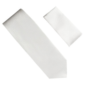 Antonia 100% Silk Grid Weave Necktie with Pocket Square - White Antonia 100% Silk Grid Weave Necktie with Pocket Square - White