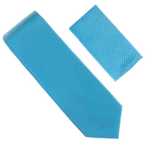 Antonia 100% Silk Grid Weave Necktie with Pocket Square - Caribbean Blue Antonia 100% Silk Grid Weave Necktie with Pocket Square - Caribbean Blue