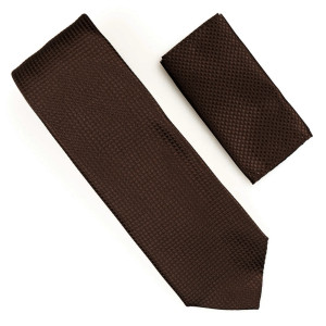 Antonia 100% Silk Grid Weave X-Long Necktie with Pocket Square - Brown Antonia 100% Silk Grid Weave X-Long Necktie with Pocket Square - Brown