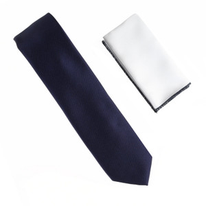 100% Silk Diagonal Weave Necktie with White Pocket Square - Navy Blue 100% Silk Diagonal Weave Necktie with White Pocket Square - Navy Blue