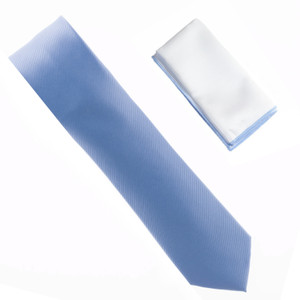 100% Silk Diagonal Weave Necktie with White Pocket Square - Sky Blue  100% Silk Diagonal Weave Necktie with White Pocket Square - Sky Blue
