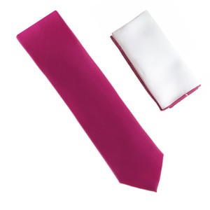 100% Silk Diagonal Weave Necktie with White Pocket Square - Magenta Pink 100% Silk Diagonal Weave Necktie with White Pocket Square - Magenta Pink