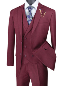 Vinci 2-Button Burgundy Windowpane with Double-breasted Vest Suit Vinci 2-Button Burgundy Windowpane with Double-breasted Vest Suit