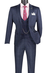 Vinci Navy Blue Windowpane Suit with Low-Cut Vest - Slim Fit Vinci Navy Blue Windowpane Suit with Low-Cut Vest - Slim Fit