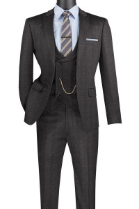 Vinci Black Windowpane Suit with Low-Cut Vest - Slim Fit Vinci Black Windowpane Suit with Low-Cut Vest - Slim Fit