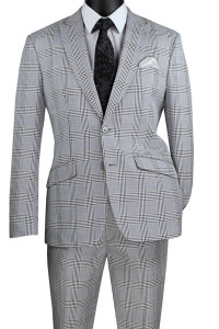 Vinci 2-Button Grey Glenplaid Peak Lapel Suit - Slim Fit Vinci 2-Button Grey Glenplaid Peak Lapel Suit - Slim Fit