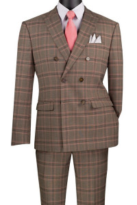Vinci Modern Trim Fit Double-Breasted Suit - Brown With Peach Glenplaid Vinci Modern Trim Fit Double-Breasted Suit - Brown With Peach Glenplaid