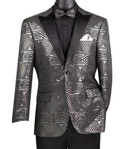 Vinci Modern Fit Silver Geometric Sportcoat with Matching Bow Tie Vinci Modern Fit Silver Geometric Sportcoat with Matching Bow Tie