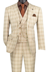 Vinci 2-Button Khaki Tan Glenplaid Suit with DB-Vest - Modern Fit Vinci 2-Button Khaki Tan Glenplaid Suit with DB-Vest - Modern Fit